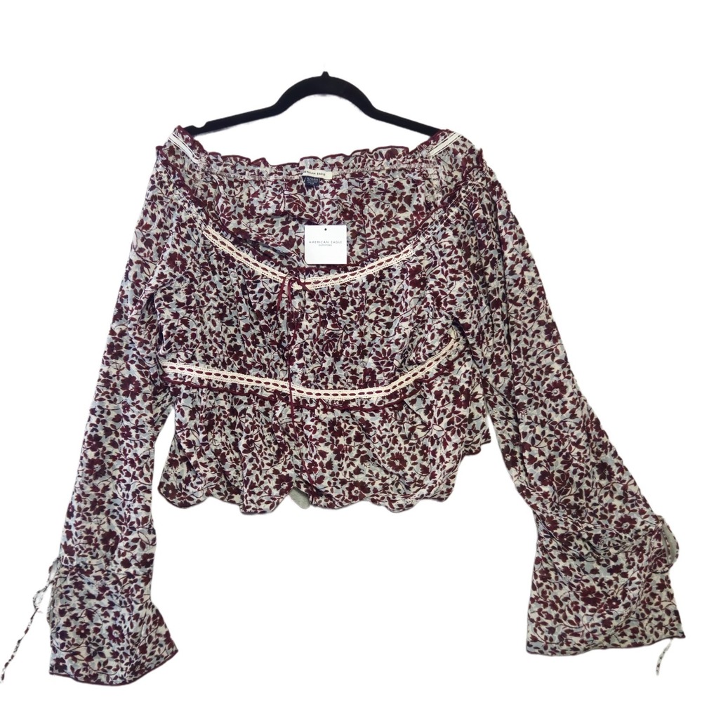 American Eagle Womens XL Floral Long Sleeve Peplum Blouse NWT Burgundy Blue